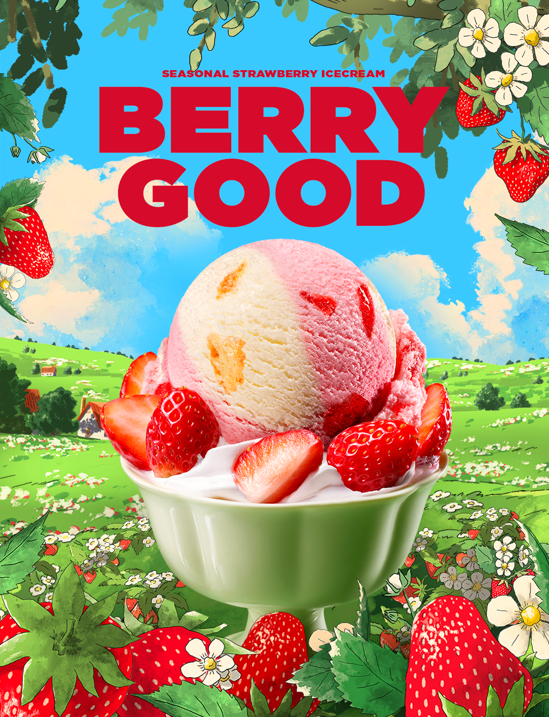 겨울 제철 딸기와 부드러운 생크림 케이크의 달콤한 만남!  바삭한 마카롱까지 더해져  한 입 가득 풍성하게 즐기는 딸기 케이크 한 입!